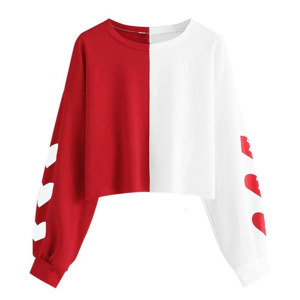 

womens patchwork cropped hoodie long sleeve heart print o neck harajuku sweatshirt red white fashion hoodies 2021 new style, Black