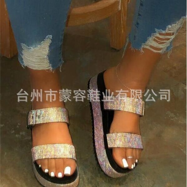 

luxury slippers 2021 large size sandal's one line open toe water muffin bottom of brick sequins, Black