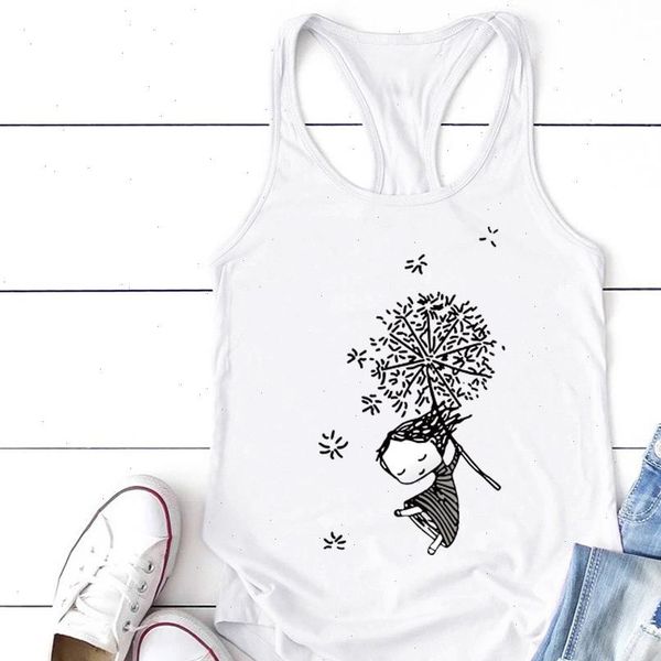

dandelion girl printed women tank casual summer sleeveless cute vest ladies loose tank women graphic ropa mujer, White