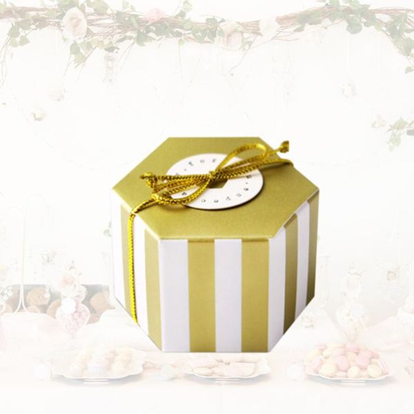 

50pcs candy box hexagon kraft paper candy box storage gift mini sugar case for party (stripe no and gold thread)