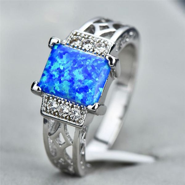 

wedding rings boho style princess cut blue white fire opal for women 10kt gold square stone ring female crystal jewelry cz, Slivery;golden