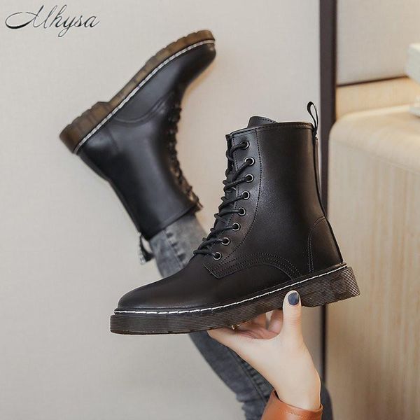 

boots 2021 autumn women's fashion pu leather flat ankle boot comfortable english style w564, Black