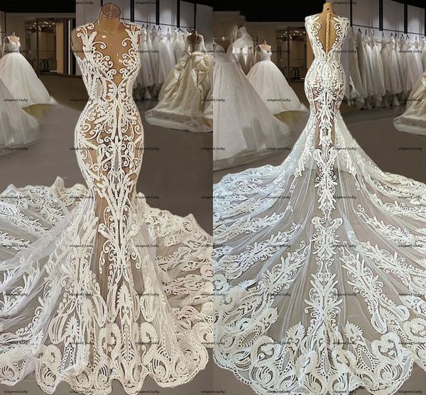 

robe de mariee lace mermaid wedding gowns with court train illusion neck applique floral bridal gown plus size turkey vestido de novia, White