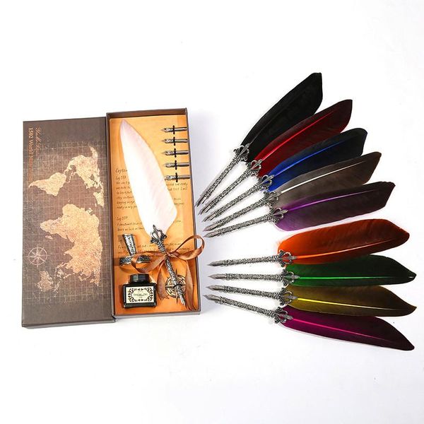 

1set retro vintage calligraphy feather dip pen writing ink set stationery quill fountain pens creative vintage pen dropshipping