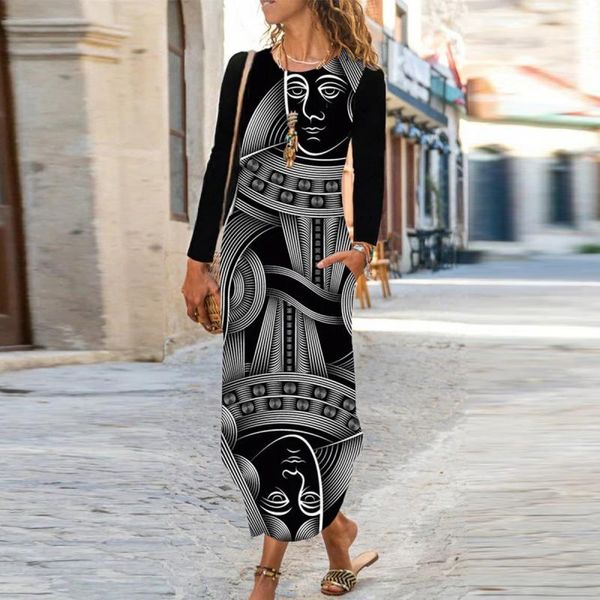 

casual dresses women long sleeve maxi dress vintage pattern printed irregular party spring autumn round neck pocket 3xl, Black;gray