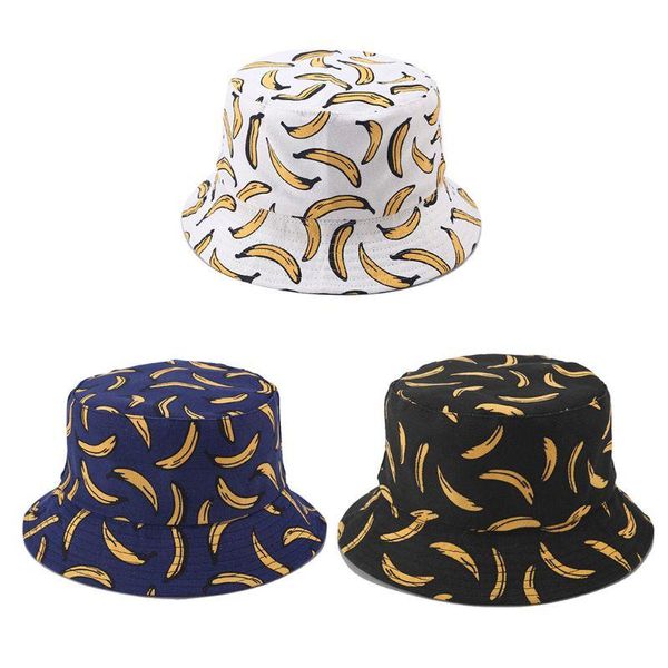 

cloches women men couples bohemian banana print bucket hat summer reversible packable hip hop harajuku streetwear canvas fisherman cap, Blue;gray