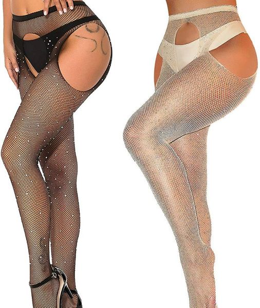 

bling tights plus size women lingerie open crotch rhinestone mesh fishnet pantyhose party club stockings collant femme, Black;white