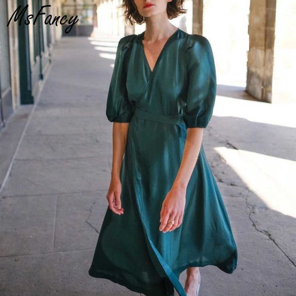 

msfancy summer green dress women v-neck short puff sleeve vestido de mujer french bandage elegant femme robe 210604, Black;gray