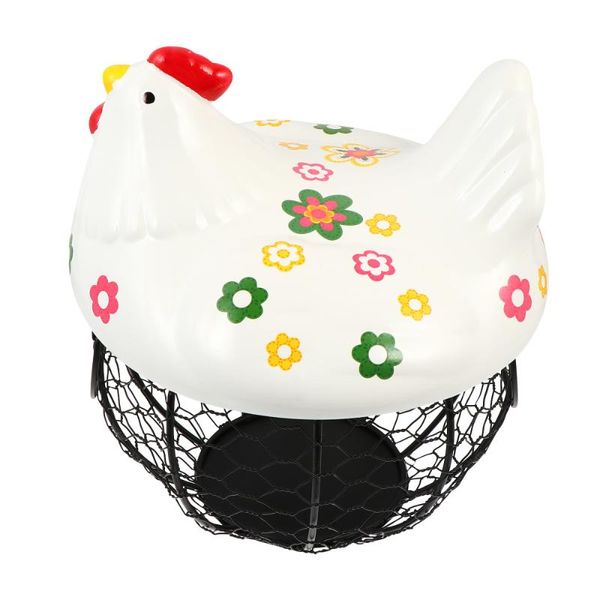 

egg iron basket vegetables storage basket desk decor with ceramic hen lid