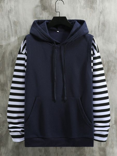 

men striped drop shoulder drawstring thermal lined 2 in 1 hoodie d3gm#, Black