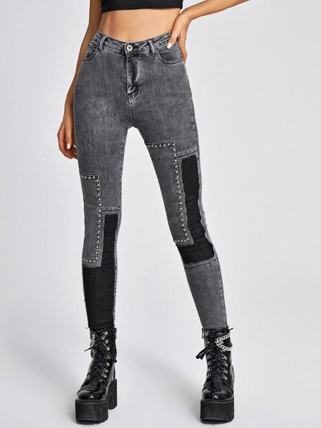 

high waisted colorblock skinny jeans j107#, Blue
