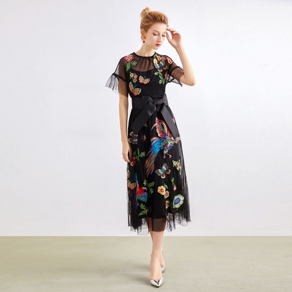 

2021 new sleeveless club long party fashion women summer embroidered dress mesh vintage celebrities dresses 1z7t, Black;gray