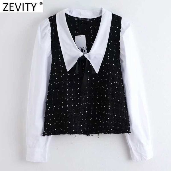 

zevity women vintage turn down collar poplin patchwork tweed woolen smock blouse female bow tied shirts chic blusas ls7493 210603, White