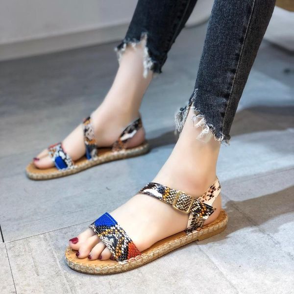 

new women sandals ladies narrow band flat woman summer fashion snake skin shoes female footwear plus size 36-43, Black