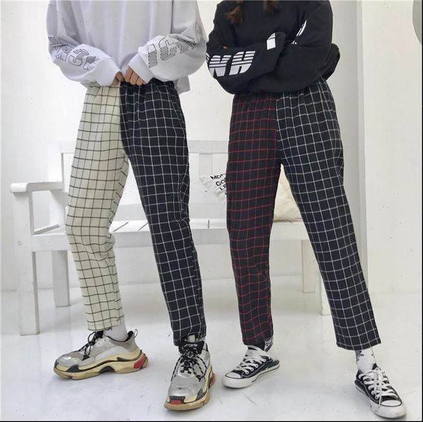 

vintage plaid patchwork pants harajuku woman man trousers elastics high waist pants korean causal straight checkerboard, Black;white