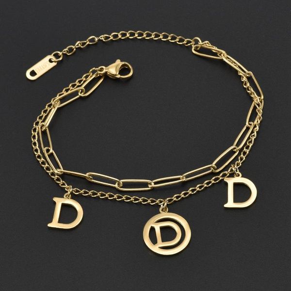 

link, chain fashion niche design hollow d letter bracelet double-layer honey tide women retro minimalist stainless steel jewelry, Black