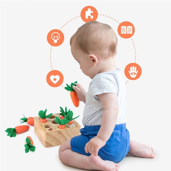 

Montessori Toy Wooden Block Set Pulling Carrot Ability Alpinia Shape Matching Size Cognition Interactive Educational Kid Toy
