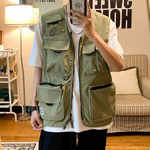 

men's vests japan style vest jacket militay big pockets mens jackets sleeveless men fashion clothing loose fit streetwear coat harajuku, Black;white