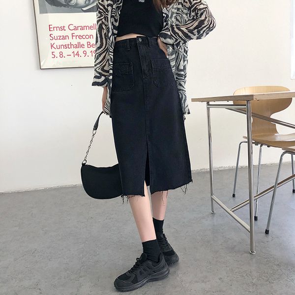

2021 new s-xl long denim korean high waist midi skirts women split jean skirt style saia jeans (72795 ydju, Black