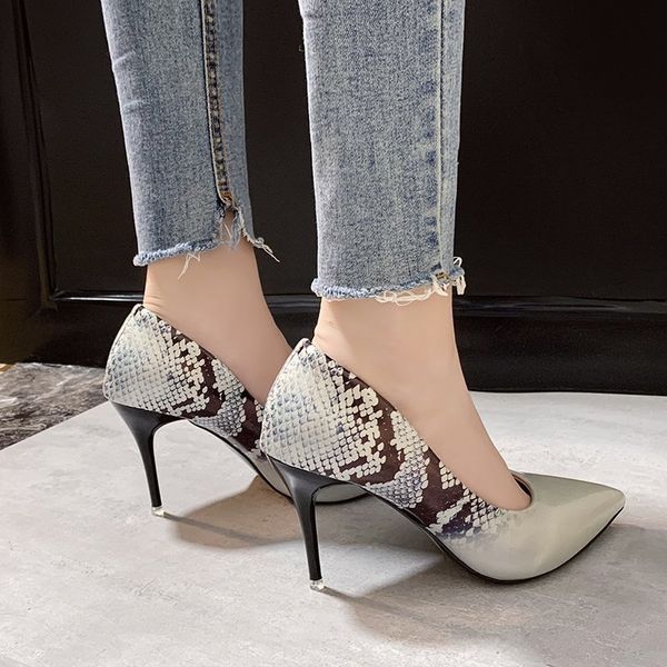 

2021 pointed toe high heels shoes women stiletto snakeskin pu leather pumps woman shallow mouth banquet shoes ladiesdress shoes, Black