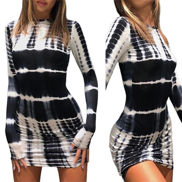 

casual dresses short skirt beach wear women close-fitting long sleeve dress black tie-dyed printed pattern round collar summer, Black;gray