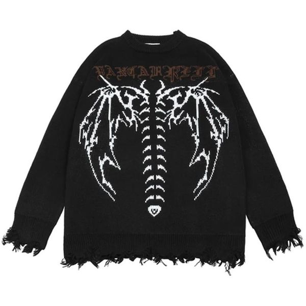 

women's sweaters hip hop streetwear knitted sweater gothic letter bat skeleton print pullover autumn y2k women casual vintage grunge to, White;black