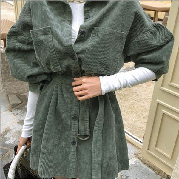 

casual dresses 2021 winter women shirt autumn long sleeve korean solid corduroy ladies mini dress for female, Black;gray