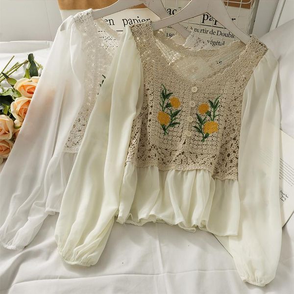 

women's blouses & shirts women fashion outdoor casual retro chiffon embroidery hollow blouse ladies ol sweet girls student elegant dail, White