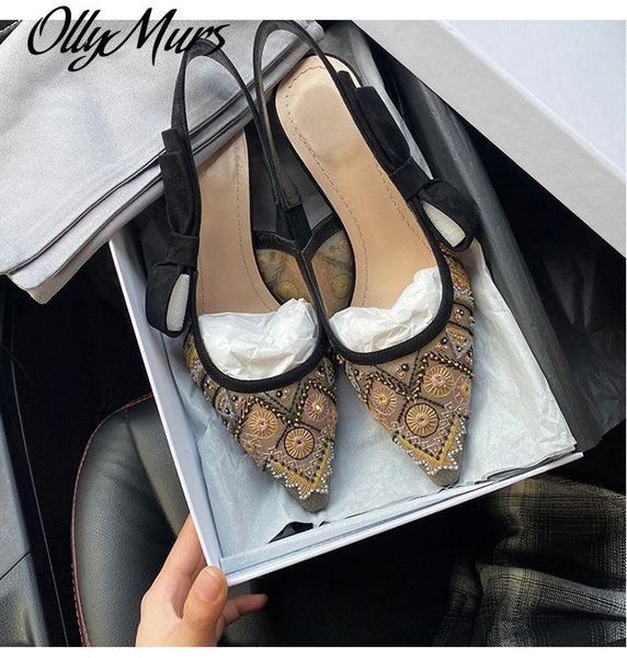 

dress shoes ollymurs woman 6cm low heel lace embroidery mesh slingback pointed toe, Black