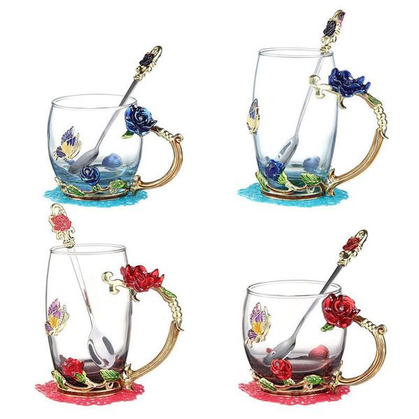 

wine glasses rose enamel crystal tea cup coffee mug tumbler butterfly painted flower water cups clear glass with spoon set perfect gift