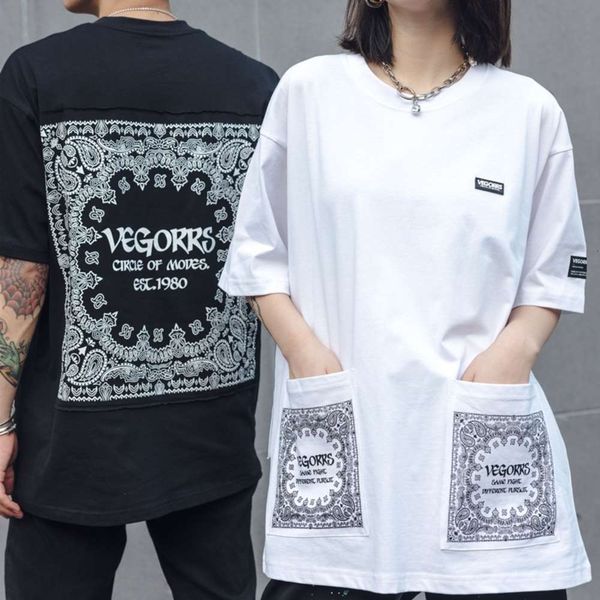 

vegorrs 2021 new street ins fashion brand dark black hip hop short sleeve cashew flower t-shirt for men, White;black