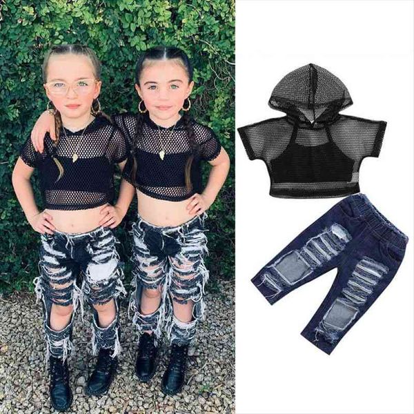 

1-6y baby girls clothes set summer kids fishnet short sleeve hooded tank ripped denim pant jeans girls outfits, White