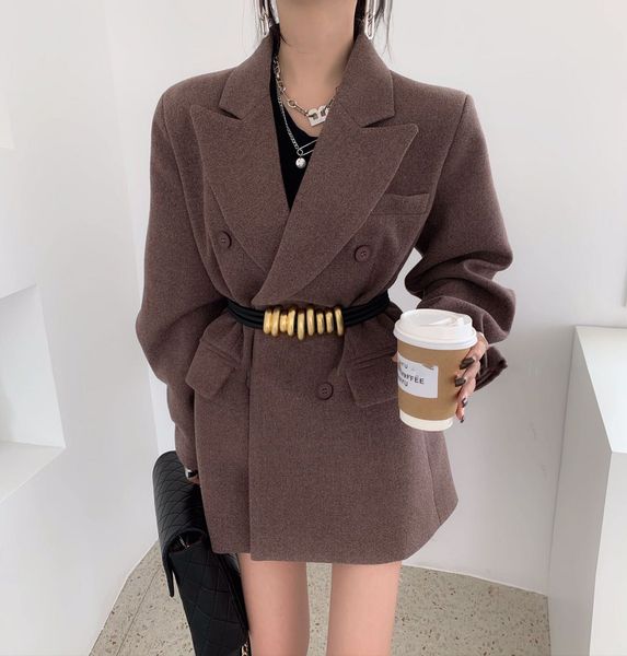 

2021 spring female casual notched collar long-sleeved double breasted loose minimalist wollen blazer coat (no belt) 8y789, Black;brown