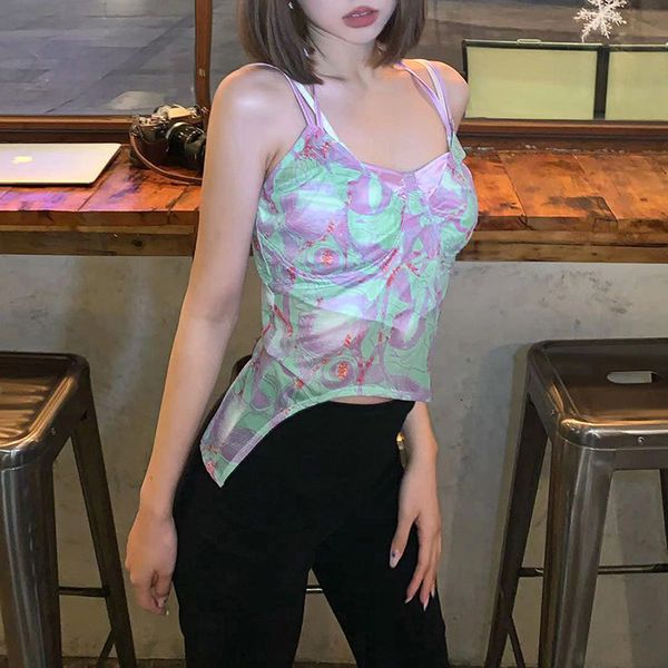 

2021 new arrivals summer fashion spaghetti strap halter print irregular bodycon high street women camis, White