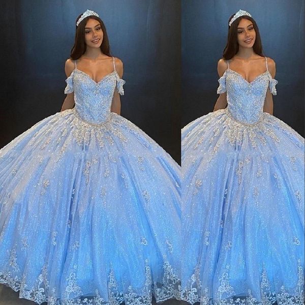 

2021 light blue quinceanera dresses spaghetti straps silver lace appliques crystal beaded illusion sequins sweet 16 plus size210q, Blue;red