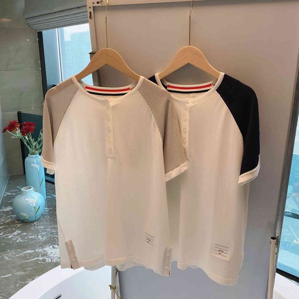 

21 summer new tb half open contrast color knitting ice hemp leisure four bar short sleeve round neck t-shirt for men and women, White