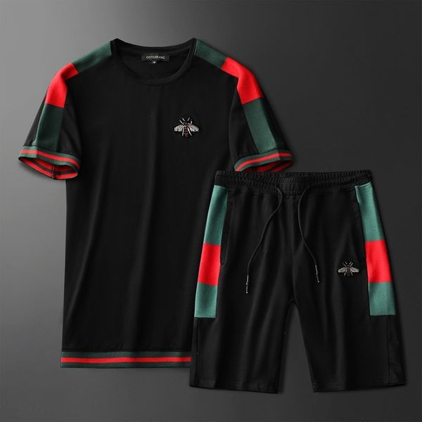

2021two-piece patchwork printed embroidery mens summer o-neck all-match clothing loose sportswear new short sleeves, Gray