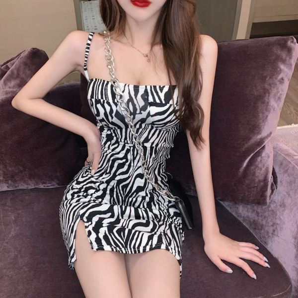 

nightclub suspender early spring temperament waist down zebra pattern design skirt backing dress, Black;gray
