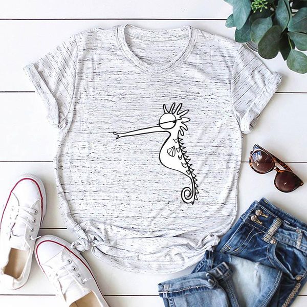

women's t-shirt womens cotton seahorse animal print graphic tees woman oversized short sleeve shirts female clothes streetwear, White