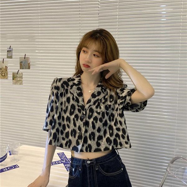 

women's blouses & shirts summer clothes 2021 korean retro leopard print short-sleeve womens female notched collar shirt and blouse wome, White