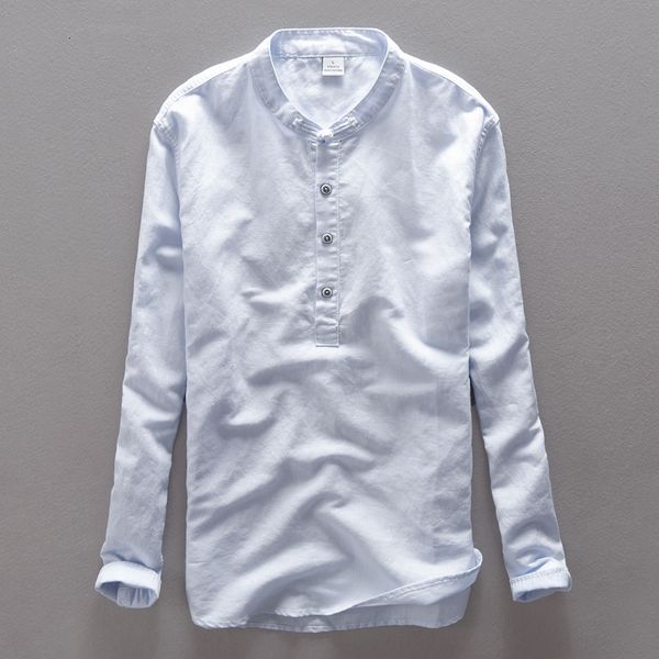 

2021 new high end brand linen long sleeve casual shirts flax shirt for men business chinese collar handmade button b1gt, White