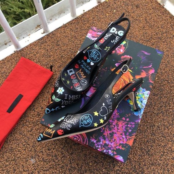 

dress shoes women summer stiletto designer sandals print slingback pointed toe genuine leather cartoon animation, Black