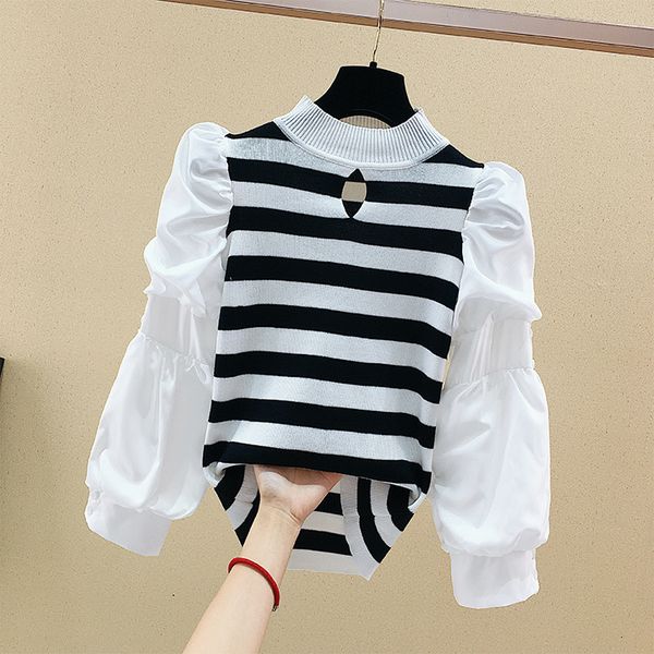 

2021 new sleeve stand pullovers slim stripe splicing autumn fashion knit woman tshirts uuaz, White