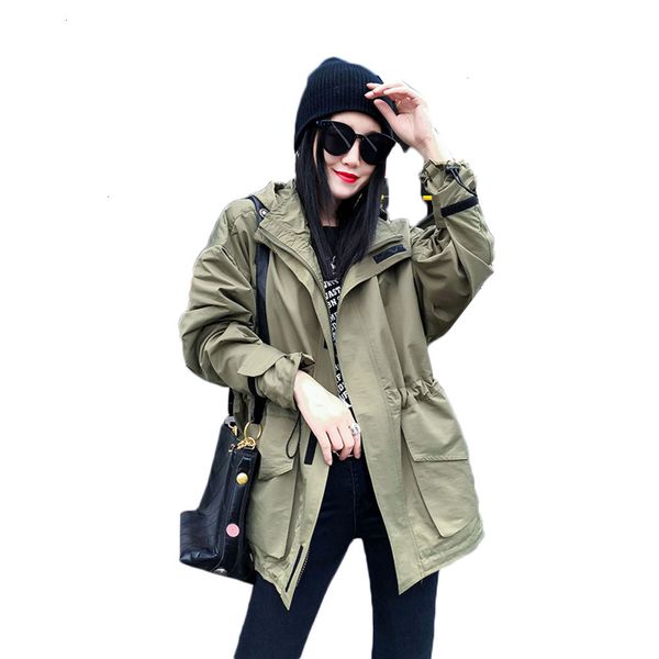

2021 new women trench coat waterproof solid feminina hooded windbreaker autumn long sleeve slim drawstring outerwear ladies tooling 149 z04x, Tan;black