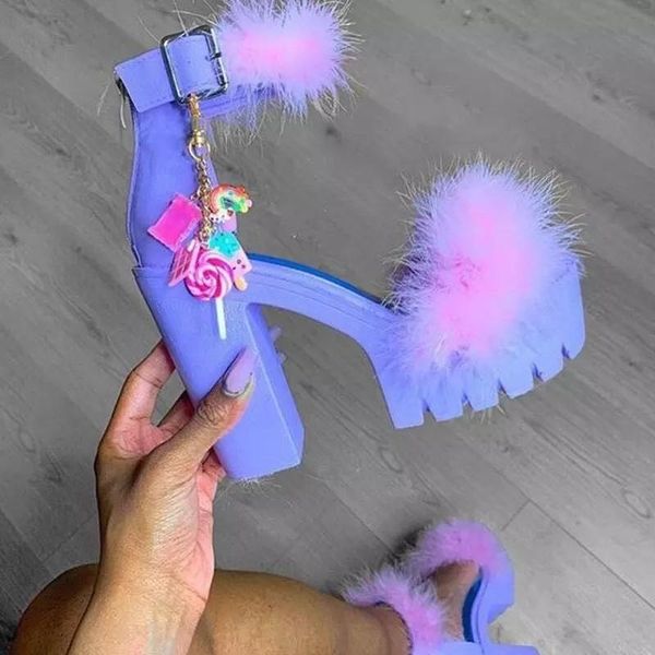 

sandals 2021 women fluffy high heels big size 43 summer fur shoes casual ankle buckle fashion non-slip outside, Black