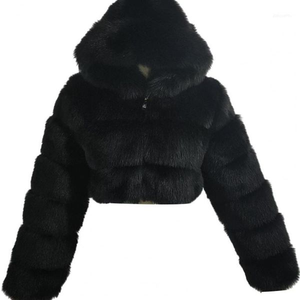 

women's fur & faux plus size women jacket fashion winter cropped coat fluffy zip hooded warm short jacket1, Black