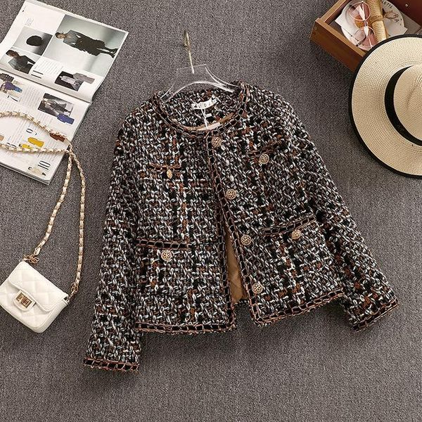 

women's jackets 2021 tweed short coat temperament woolen trend 1022, Black;brown