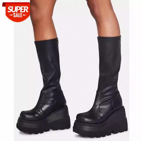 

big size 35-43 brand design ladies high platform boots fashion zip women 2020 wedges shoes knee-high botas altas mujer #bt72, Black