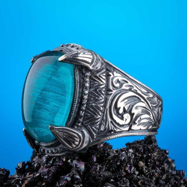 

cluster rings silver men blue turquoise gemstone ring claw model handmade vintage jewelry fashionable 925k, Golden;silver