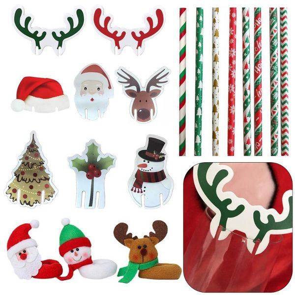 

christmas decorations wine cup card santa claus snowman elk bells ornament year 2022 snowflake drinking straw party supplies